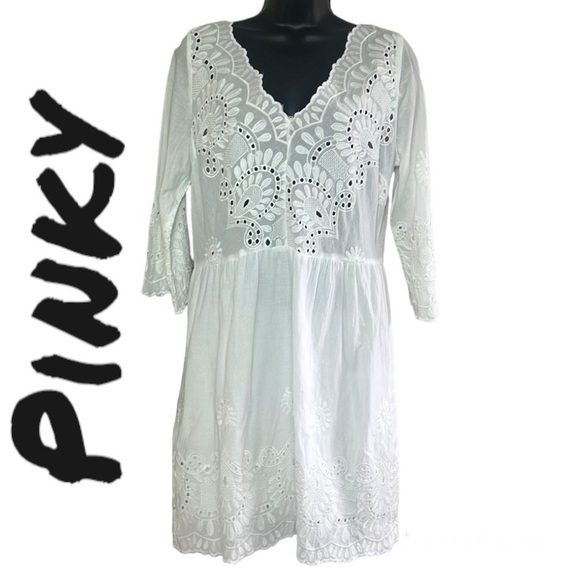 Pinky White Embroidered Floral Cotton Mini Dress Size XL - Picture 1 of 15